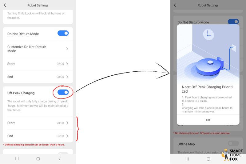 In der Roborock App wird eingestellt, dass der Roboter außerhalb von Peak-Zeiten den Akku laden soll.